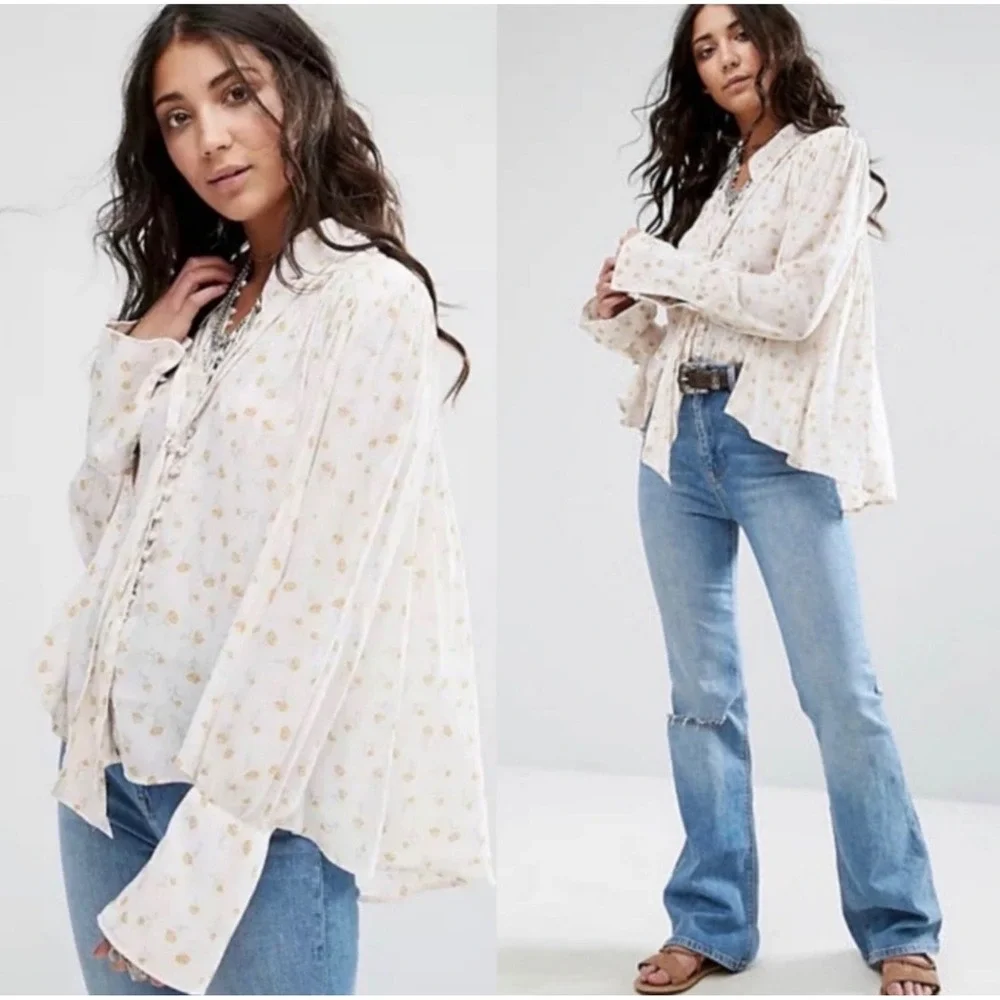 Free People Floral Print Button Front Blouse Top Beige Yellow Size L - Picture 1 of 9